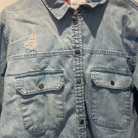 American Eagle flannel lined snap button denim top oversized fit SZ medium - Picture 2 of 10